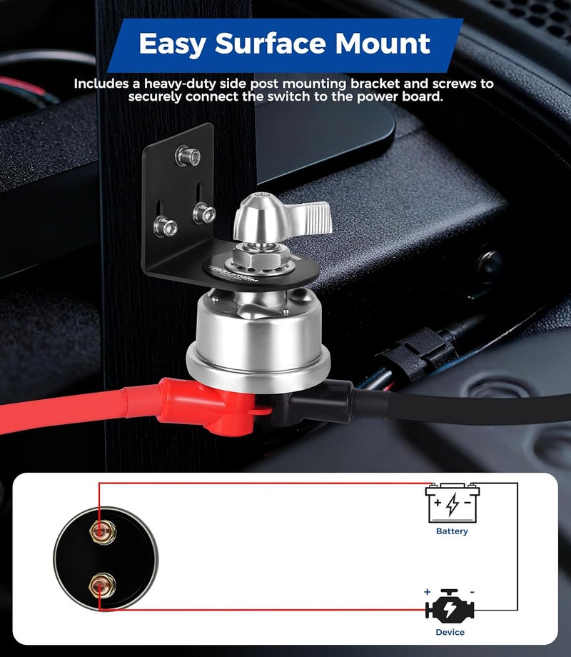 FASTSTORM 300A 12V 48V Battery Disconnect Switch with 2GA Cable Side Post Mounting Bracket High Current Battery Cut Off Heavy Duty Master Switch for Car Boat RV ATV UTV Vehicles - Image 2